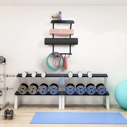 Yoga Mat Holder Wall Mount,17" x 28" Yoga Mat Rack Home Gym Accessories, Storage for Foam Roller, with Wood Floating Shelves for Hanging Yoga Strap and Resistance Bands