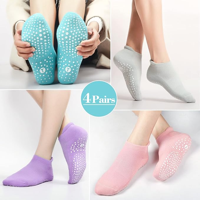 Pilates Socks for Women, Cushioned Ankle Grippy Non Slip Socks for Yoga, Hospital, Barre, Sports Home Slipper 2/4 Pairs