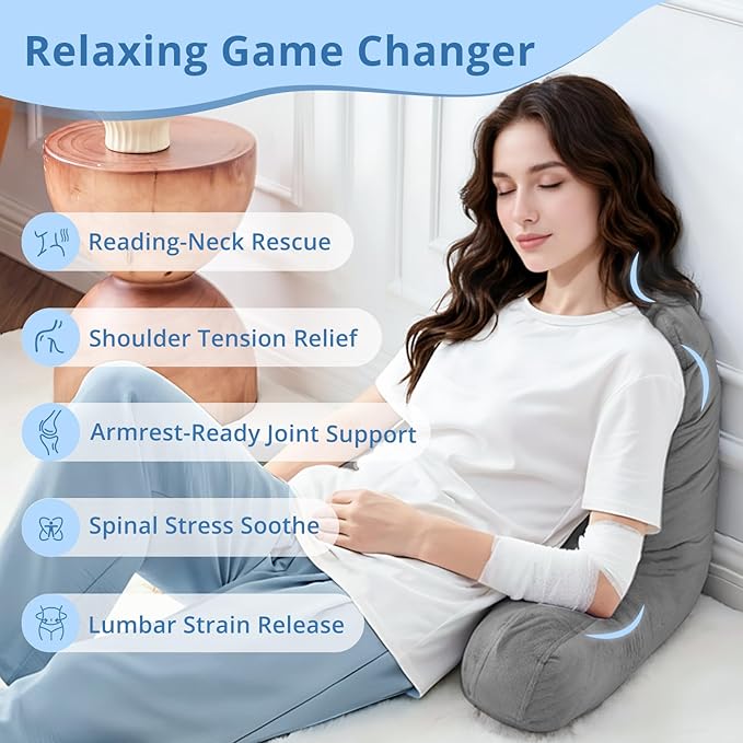 Sasttie Reading Pillows for Sitting in Bed Adult, Velvet Back Pillow Bed Sitting Up, Back-Rest Support Cushion for Sit Up on Couch, Sofa, and Floor, Dorm Essentials, Oeko-Tex Certified, Dark Grey