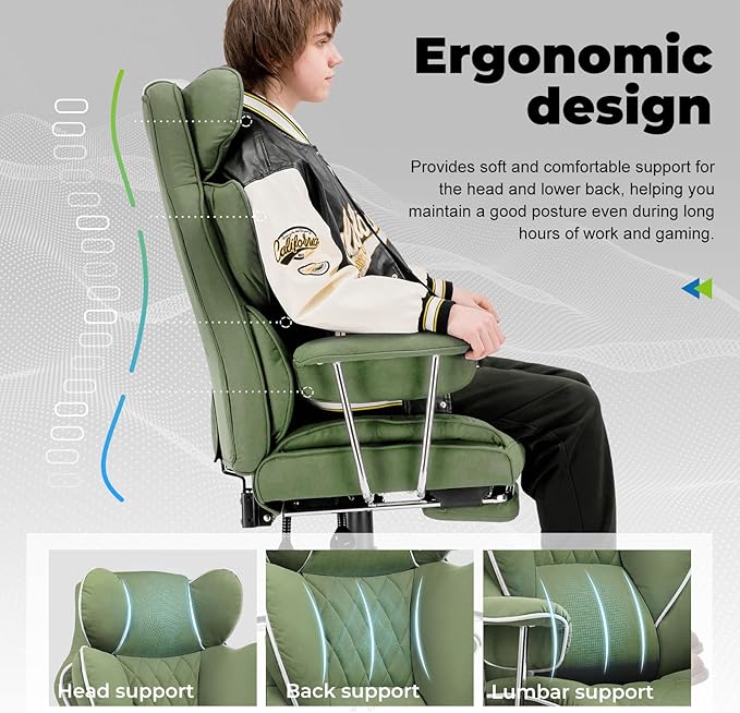 COMHOMA Big and Tall Office Chair, High Back Leather Gaming Chair with Footrest, Executive Ergonomic Office Chair with Pocket Spring Lumbar Support and with Outward Fixed Soft Armrests