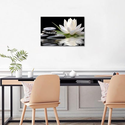 Zen Wall Art Inhale Exhale Canvas Prints Lotus Bloom in Water with Spa Stone Pictures for Zen Office Wall Decor Modern Spiritual Framed Artwork Poster (16 x 24inches)