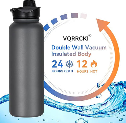 40 oz Insulated Water Bottle with Straw, Stainless Steel Sports Water Bottles with 2 Lids (Straw and Wide Mouth lid), Double Wall Vacuum, Leakproof, BPA-Free, Gray