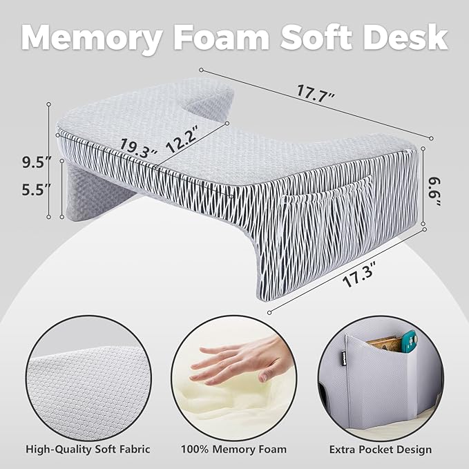 Reading Pillow for Bed, Petite Adults, Teens Arm Rest Pillow, Reading Lap Pillow, Memory Foam Lap Desk Pillow for Reading, Working, Playing, Crocheting in Bed Couch(Ash Grey)