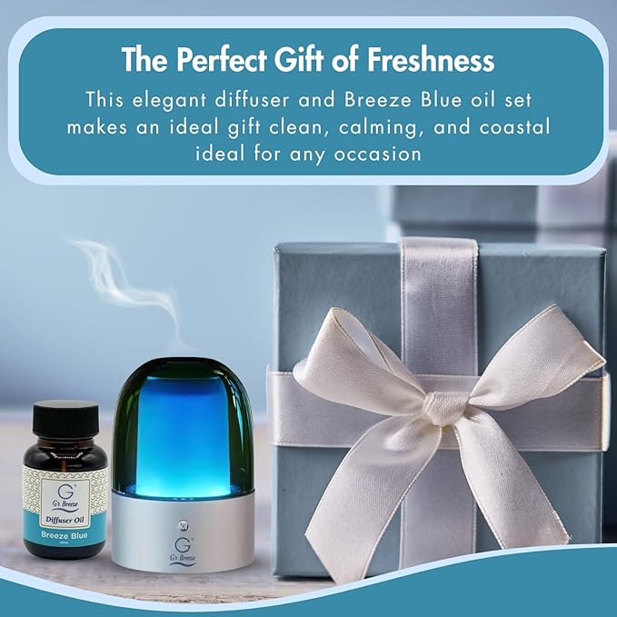 G's Breeze Smart Aroma Diffuser with 60ml Breeze Blue Scent Refill – Bluetooth & Wi-Fi App Control - LED Lighting, Adjustable Intensity - Long-Lasting Fresh Aquatic Fragrance for Home or Office
