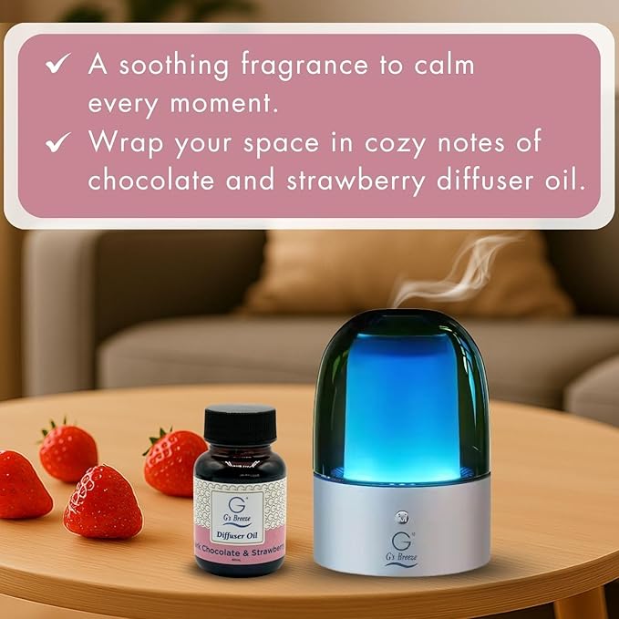 G's Breeze Smart Aroma Diffuser with 60ml Dark Chocolate & Strawberry Refill – Wi-Fi & Bluetooth Control, LED Light, Adjustable Intensity, Long-Lasting Sweet Fruity Gourmand Scent for Home or Office