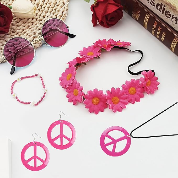 Hippie Costume Accessories Set Peace Sign Necklace Sunglasses Flower Headband Earrings for 60s 70s Outfit Party Women