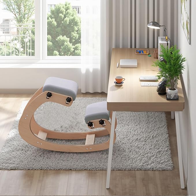 Ergonomic Office Kneeling Chair,Wooden Posture Knee Desk Chair for Work,Yoga Rocking Chairs for Relieve Back Pain,Kneel Adjustable Chair for Gaming,Home