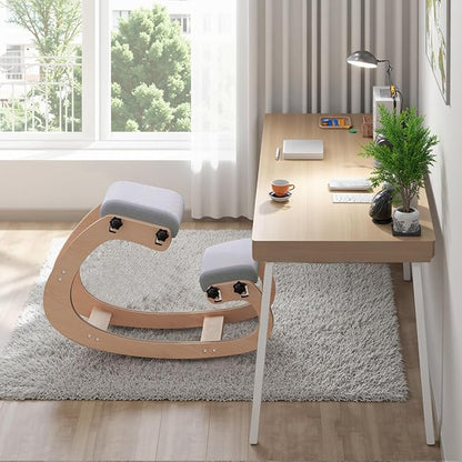 Ergonomic Office Kneeling Chair,Wooden Posture Knee Desk Chair for Work,Yoga Rocking Chairs for Relieve Back Pain,Kneel Adjustable Chair for Gaming,Home