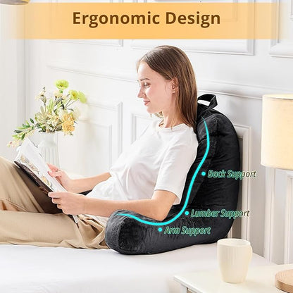 Sasttie Reading Pillow, Velvet Back Pillow for Bed Sitting Up, Adult Back-Rest Support Cushion with Arms for Sit Up on Couch, Sofa, and Floor, Dorm Essentials, Reading Accessories, Black