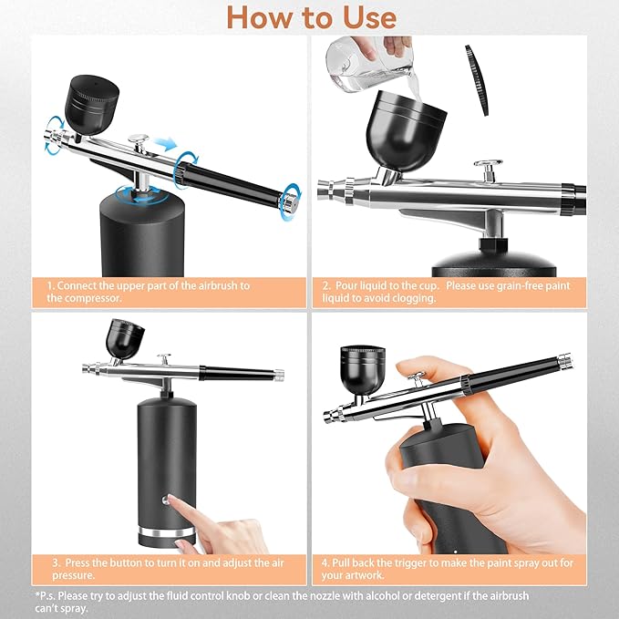 Airbrush Kit With Compressor - 48PSI Rechargeable Cordless Non-Clogging High-Pressure Air Brush Set with 0.3mm Nozzle and Cleaning Brush Set for Nail Art, Makeup, Painting, Cake Decor (Black)