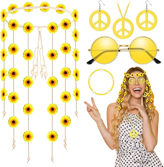 6 Pcs Hippie Costume Accessories Set, Flower Hippie Headband Boho Peace Sign Necklace Earrings Sunglasses Bracelet