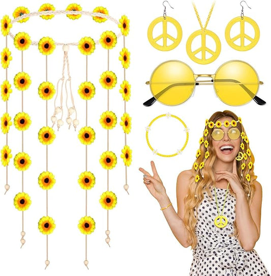 6 Pcs Hippie Costume Accessories Set, Flower Hippie Headband Boho Peace Sign Necklace Earrings Sunglasses Bracelet