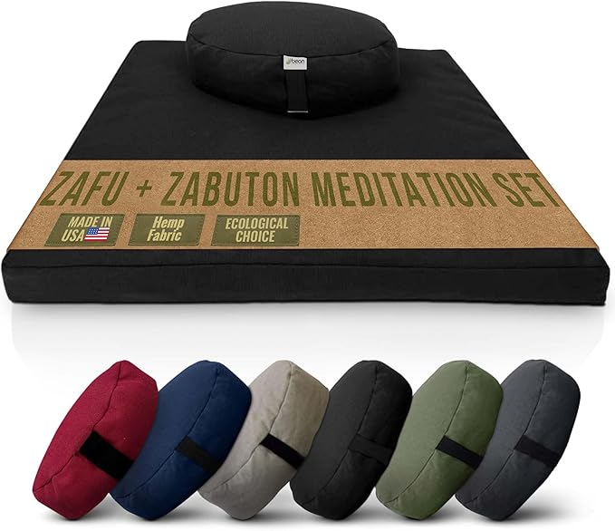 Meditation Cushion Mat Set HEMP - Oval Zafu Floor Pillow Organic Buckwheat Pillow + Cotton Filled HEMP Zabuton Prayer Pad - Meditation Pillow Yoga Knee Pad - Made in USA - 18" Oval, BLACK HEMP Hemp