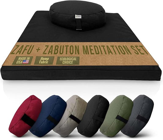 Meditation Cushion Mat Set HEMP - Oval Zafu Floor Pillow Organic Buckwheat Pillow + Cotton Filled HEMP Zabuton Prayer Pad - Meditation Pillow Yoga Knee Pad - Made in USA - 18" Oval, BLACK HEMP Hemp