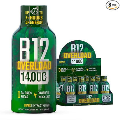 B12 Overload Extra Strength Energy Shot – Grape – 260mg Caffeine, 14000% B12, Electrolytes – Energy & Vitality Support – Zero Sugar No Calories – Vegan, Kosher, Gluten-Free – 1.93 fl oz, 8-Pack