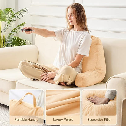 Sasttie Reading Pillow, Velvet Back Pillow for Bed Sitting Up, Adult Back-Rest Support Cushion with Arms for Sit Up on Couch, Sofa, and Floor, Dorm Essentials, Reading Accessories, Camel