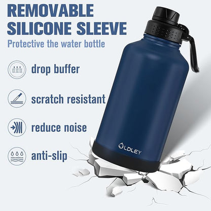OLDLEY 64 oz Insulated Water Bottle With Straw, Stainless Steel Sports Water Cup Flask with 3 Lids(Straw, Spout and Handle Lid) Double Walled Travel Thermal Canteen Mug,Navy Blue