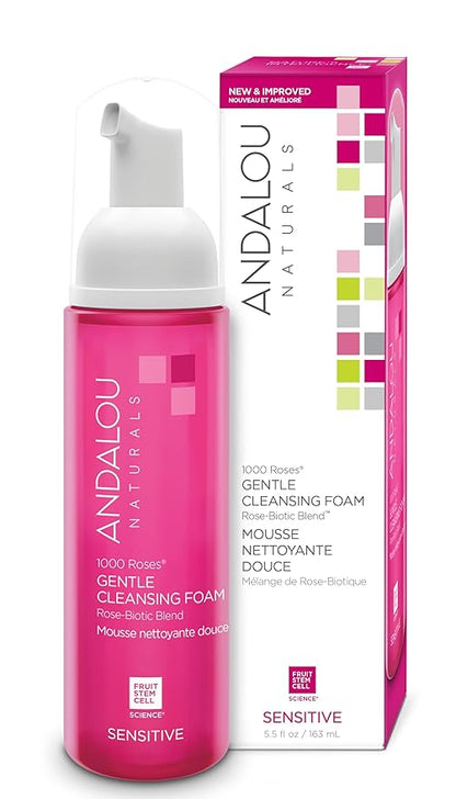 Andalou Naturals 1000 Roses Gentle Cleansing Foam | Foaming Face Wash with Rose Stem Cells & Organic Aloe Leaf Juice | Hydrating Daily Cleanser for Sensitive Skin | 5.5 fl oz