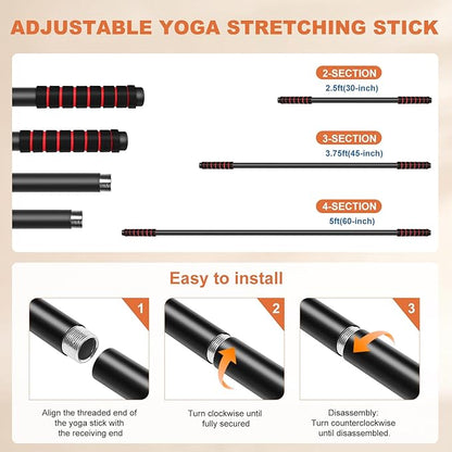 Yoga Stick Sturdy Steel, 5 Ft Adjustable Stretching Stick for Mobility, Flexibility and Balance, Versatile Exercise Stick with Non-Slip Ends and Foam Handles for Fitness, and Posture