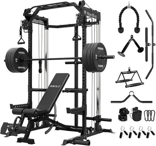 Mikolo Power Cage, 2000LB Power Rack with Independent Dual Pulley System, Multi-Function Home Gym Workout Machine for Cable Crossover