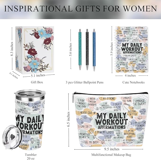 Daily Affirmations for Women Workout Encouragement Mental Health Inspirational Gifts for Women Coworker Boss Birthday Friendship Christmas, Office 6PCS 20oz Tumbler Makeup Bag Ballpoint Pen Notebook