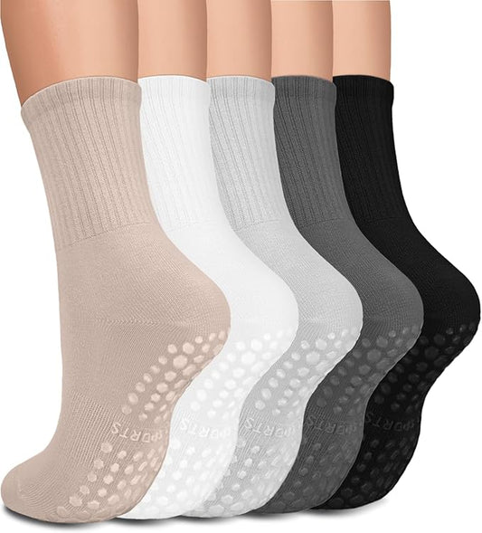5 Pairs Pilates Grip Socks Yoga Socks with Grips for Women, Non-Slip Athletic Socks for Ballet, Dance, Workout, Hospital