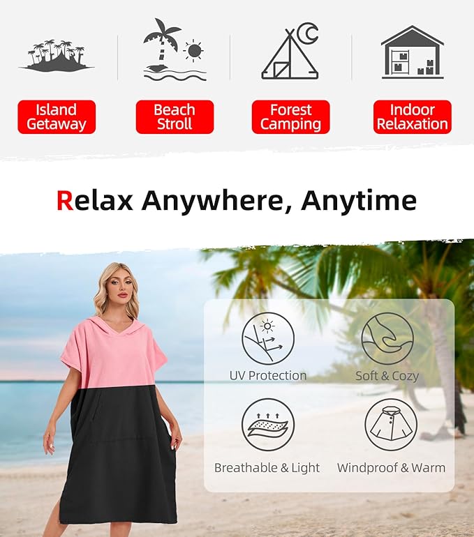 Abahub Surf Poncho Men & Women Towel Poncho Adult with Hood, Thick Quick Dry Changing Poncho Towel, Microfiber Wearable Cover Up for Surfing Beach Swim - Absorbent Changing Towel M (Pink/Black)