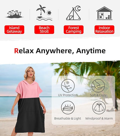 Abahub Surf Poncho Men & Women Towel Poncho Adult with Hood, Thick Quick Dry Changing Poncho Towel, Microfiber Wearable Cover Up for Surfing Beach Swim - Absorbent Changing Towel M (Pink/Black)