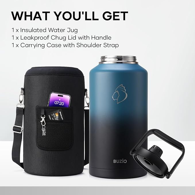 BUZIO 2 Gallon Water Bottle Insulated, (Cold for 48 Hrs) 256oz Extra Large Water Jug Stainless Steel, 4.4in Big Wide Mouth Leak Proof Metal Flask with Handle for Camping,Work,Travel, Indigo Black
