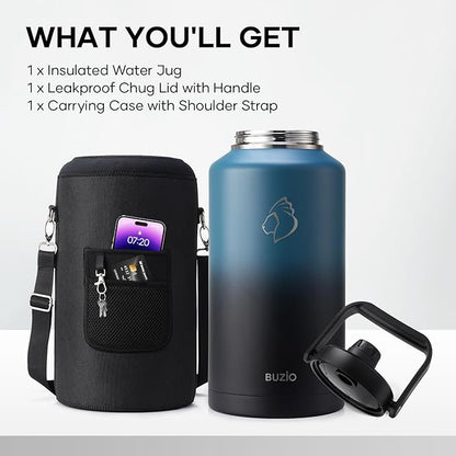 BUZIO 2 Gallon Water Bottle Insulated, (Cold for 48 Hrs) 256oz Extra Large Water Jug Stainless Steel, 4.4in Big Wide Mouth Leak Proof Metal Flask with Handle for Camping,Work,Travel, Indigo Black