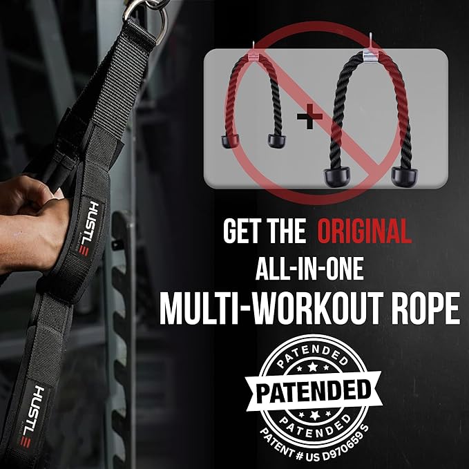 Hustle Athletics Tricep Rope Cable Attachments for Gym Use - Perfect Gym Equipment for Home/Gym Accessories - Multi Workout Rope Cable Machine Attachment -Best Gym Rope Grip with 4 Anti-Slip Handles