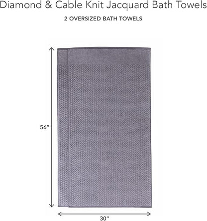Texere 100% Organic Cotton Jacquard 650 GSM Premium Bath Towel Sets - Extra Absorbent Quick Dry and Soft (Cable, Granite, 2 Bath Towels)