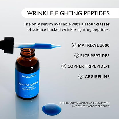 MAELOVE Peptide Squad Collagen Renewal Serum with Copper Peptides, Argireline, Matrixyl 3000 + Hyaluronic Acid and Niacinamide for Wrinkles, Fine Lines, and Skin Elasticity