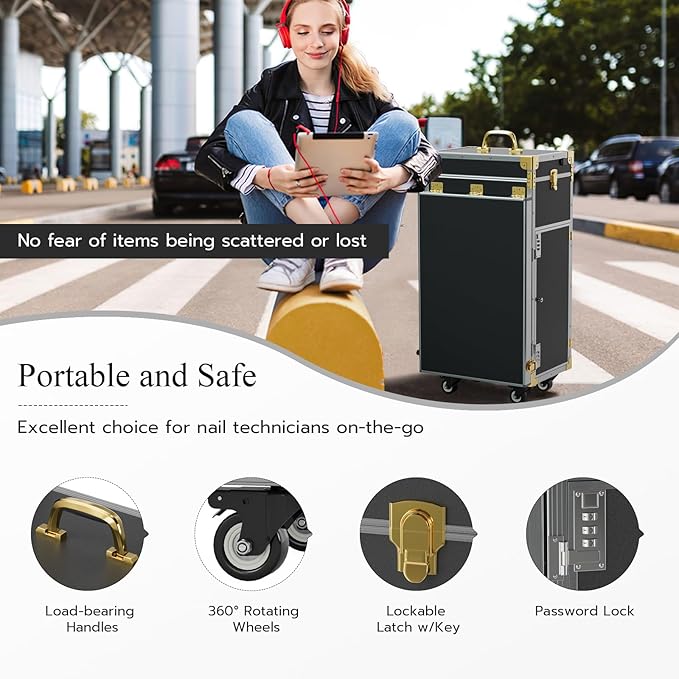 Icoget Portable Rolling Manicure Table for Nail Teach, Foldable Traveling Nail Desk w/Storage, Mobile Nail Table w/Audio and Mirror, Makeup Train Case Cosmetic Trolley, Black