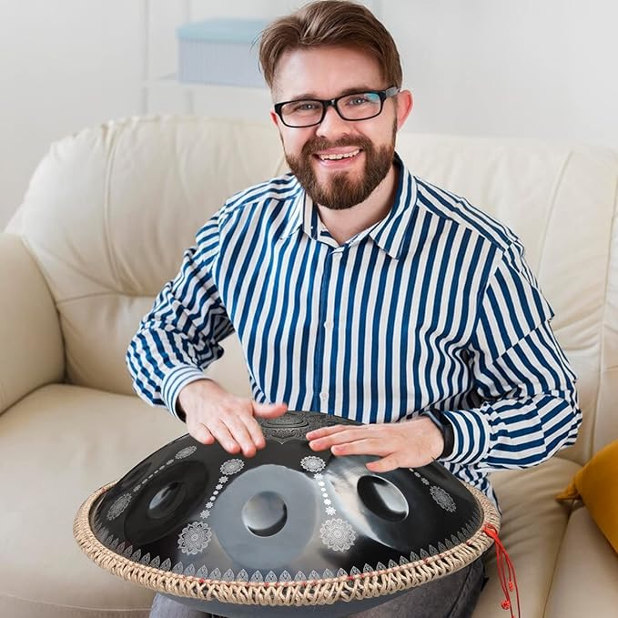 432HZ Handpan Set-Premium 22 Inches 9 Sounds D Minor Steel Hand Pan,Handpan Drum Instrument for Adults,Print Black
