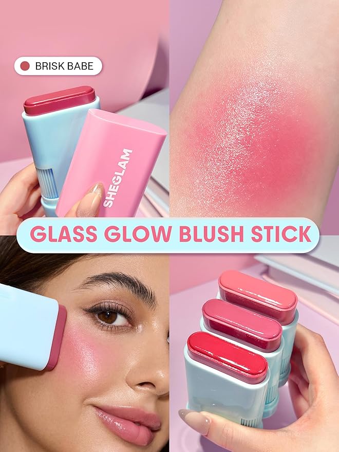 SHEGLAM Glass Glow Blush Stick Cream for Cheek and Lip, Waterproof Hydrating Tinted Solid Moisturizer Blendable Natural Grow Nude Face Blush Makeup-Brisk Babe
