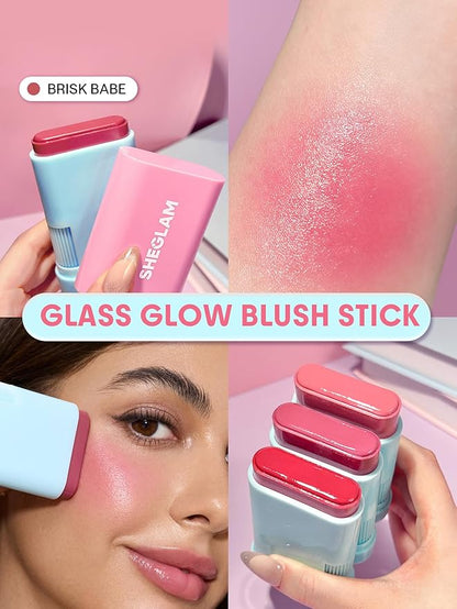 SHEGLAM Glass Glow Blush Stick Cream for Cheek and Lip, Waterproof Hydrating Tinted Solid Moisturizer Blendable Natural Grow Nude Face Blush Makeup-Brisk Babe