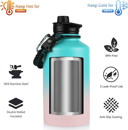 64 oz Insulated Water Bottle with Straw & Spout Lids, Stainless Steel Metal Half Gallon Water Jug with Paracord Handle, Double Wall Vacuum, Leakproof, Keep Drinks Cold & Hot, Pink Blue Gradient