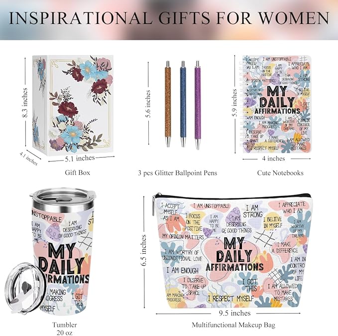 Positive Daily Affirmations for Women Mental Health Inspirational Gifts for Sister Friend Boss Coworker Birthday Friendship Christmas, Office 6PCS 20oz Tumbler Makeup Bag Ballpoint Pen Notebook