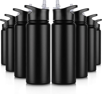 24 oz Insulated Water Bottle Bulk 8 Pack, Stainless Steel Sports Water Bottles with Straw Lid & Wide Mouth Lids, Double Walled Vacuum, Leak Proof, Black