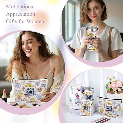 Mom Daily Affirmations for Women Mom Gifts Mother Mental Health Birthday Christmas Mothers Day Inspirational Thank You Gifts for Women Mama Mommy to Be, 20oz Tumbler Makeup Bag Pen Notebook, 6PCS