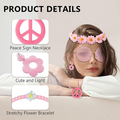 Hippie Costume Accessories Set Peace Sign Necklace Sunglasses Flower Headband Earrings for 60s 70s Outfit Party Women