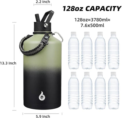 BJPKPK 1 Gallon Water Bottle with Straw Lid, 50oz, 64oz, 87oz, 128oz Large, Stainless Steel Water Bottles with 3 Lids and Paracord Handle, Double Wall Vacuum Metal Water Jug, Camp Green & Black
