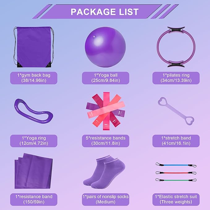 Home Pilates Essentials Kit for Women: 18Pcs Pilates Workout Equipment Set with Pilates Ring, Yoga Ball, Resistance Band, Pilates Fitness Set for Legs Arms, Gym Back Bag, Anti Slip Socks