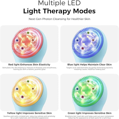 Facial Cleansing Brush: Rechargeable LED Electric Face Cleansing Brush with 4 Gentle Light Liquid Silicone Modes Face Scrubber Exfoliator,IPX7 Waterproof Ideal Gift for Men and Women-Blue
