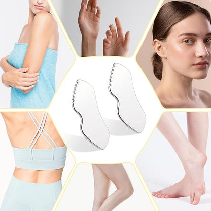 Molain 2Pcs Stainless Steel Gua Sha Facial Tools Metal Detail Gua Sha Stone Body Lymphatic Drainage Massager Face Guasha Face Sculpting Tool Skin Care with Gift Pouch Mother's Day Gifts