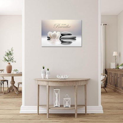 Zen Stone Canvas Wall Art Just Breathe Yoga Quotes Poster for Spa Decor White Lotus Flower Pictures Prints for Bathroom Modern Spiritual Artwork Framed (20 x 30inches)
