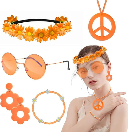 Hippie Costume Accessories Set Peace Sign Necklace Sunglasses Flower Headband Earrings for 60s 70s Outfit Party Women