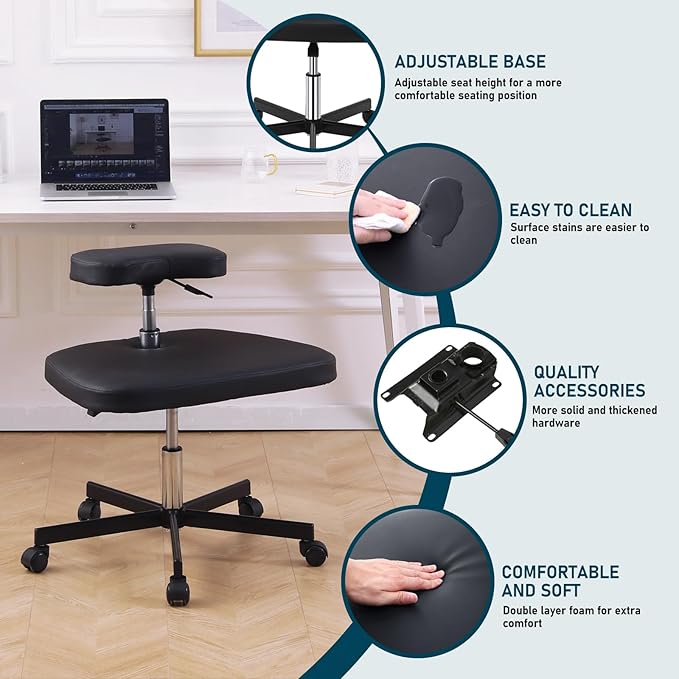Meditation Chair ADHD Chair Ergonomic Cross Legged Chair with Wheels,Kneeling Chair for Office and Home,ADHD Chairs for Adults (Black)