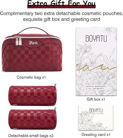 BOYATU Travel Makeup Bag Organizer Cosmetic Bag: 3 Pcs Set Make up Bags for Women with Handle - Waterproof Vegan Leather Toiletry Bags Travel Essentials Pouch with Compartments (C-11-Red)